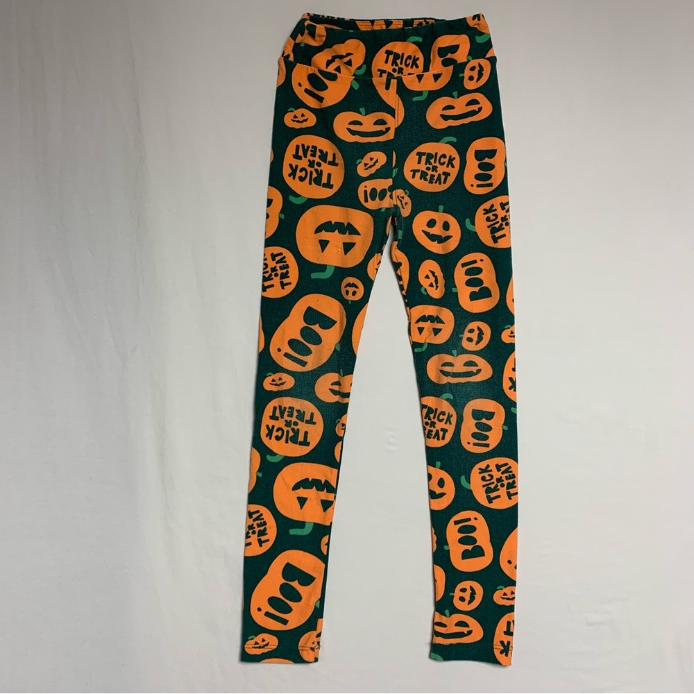 🆕 LulaRoe Halloween Jack O Lantern Pumpkin Leggings Girl’s Large Green Orange